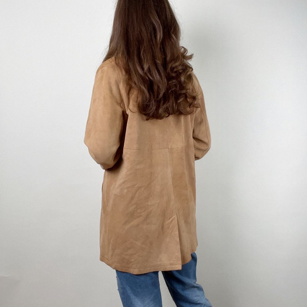 Vintage Suede Leather Camel Double Breasted Peacoat Trench Jacket Coat Shacket - Picture 3 of 7